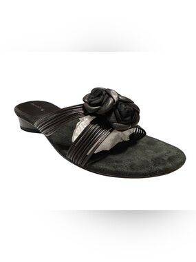 Black Leather Rosette Mule Sandals Y2K Dark Coquette 90s Romantic Poetcore US 8
